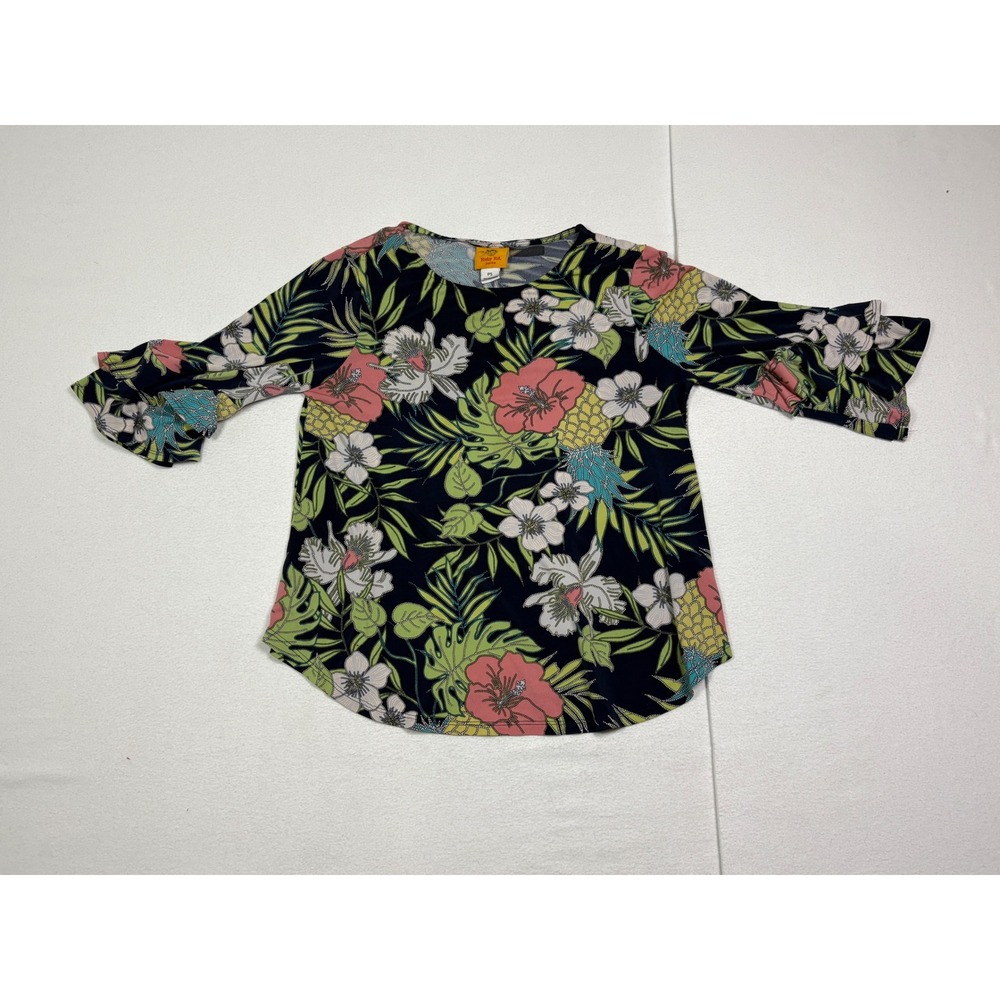Ruby Rd Petite Womens PS Tropical Floral Hibiscus Ruffle 3/4 Sleeve Blouse Navy